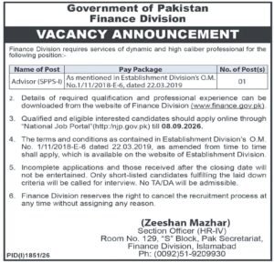 Finance Division Jobs 2026 Pakistan – Advisor (SPPS-I) Jobs Apply Online